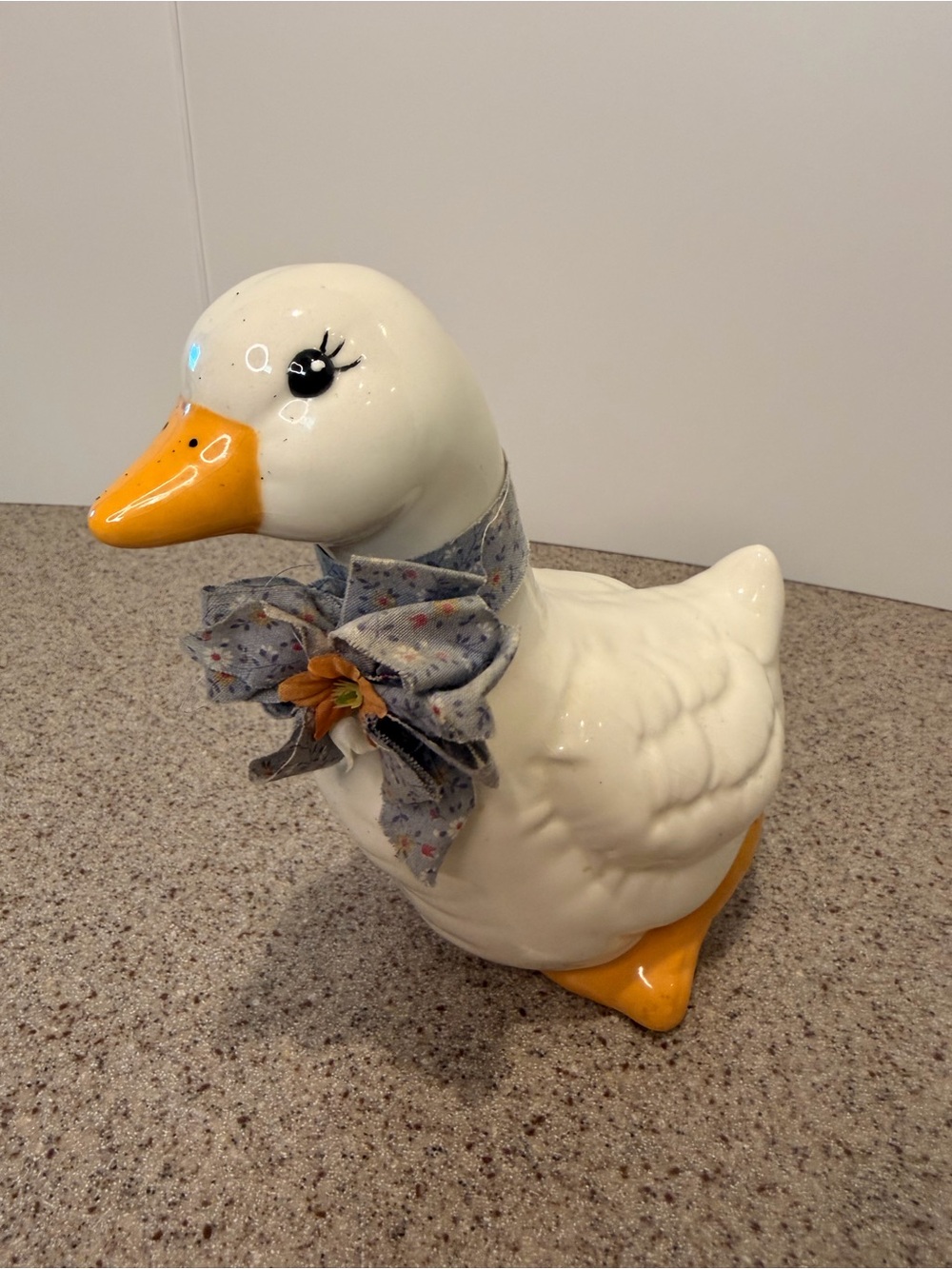 Vintage Country Cottage Ceramic Duck Figurine with Fabric Ribbon Bow